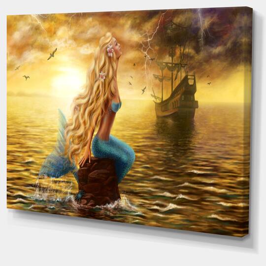 Designart - Sea Mermaid with Ghost Ship